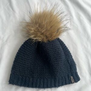 Rudsak Wool Pom Pom Beanie Hat Blue Real Fur One Size